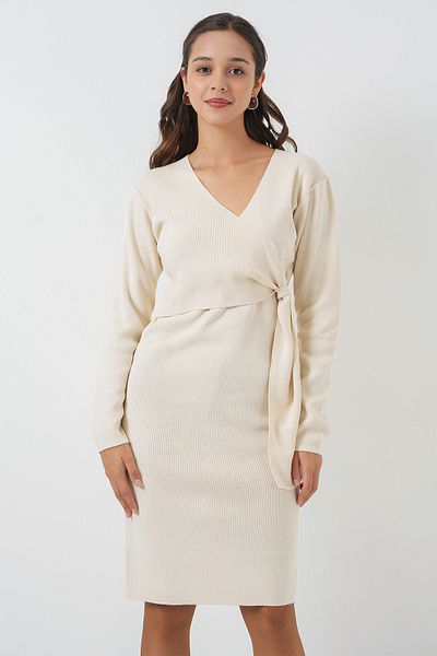 Merterium Women's Double Breasted Collar Knitwear Dress Ecru 1168
