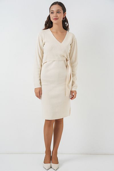 Merterium Women's Double Breasted Collar Knitwear Dress Ecru 1168