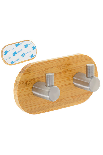 OEM Αυτοκόλλητη κρεμάστρα, 2 γάντζοι, Ξύλο, Μέταλλο, Μπεζ, Ασημί