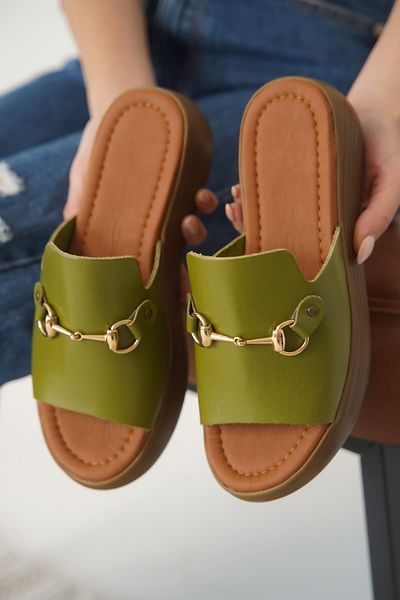 Zerenyus Nelly Premium Khaki Green Genuine Leather Slippers
