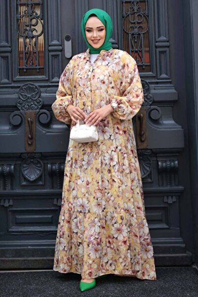 N.S NEVA STYLE Μοτίβο Μουσταρδί Φόρεμα Hijab 710510HR