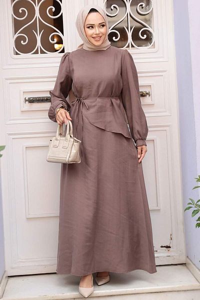 N.S NEVA STYLE Asymmetric Detailed Dark Mink Hijab Dress 19042Kv