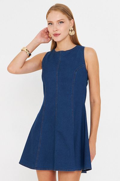 armonika Women's Navy Blue Body Fitting Denim Flared Dress Arm-25Y001088