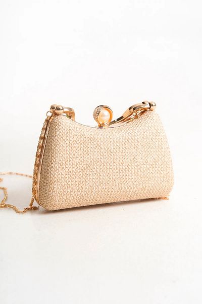 W MAX WM Knitted Gold Fabric Patterned - Stone Detailed Evening Dress Bag Pearl Unlocking
