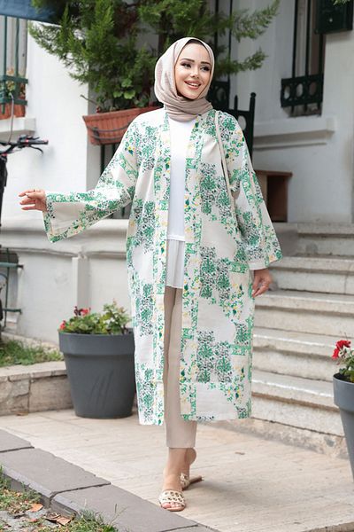 N.S NEVA STYLE Patterned Green Hijab Kimono 32121Y