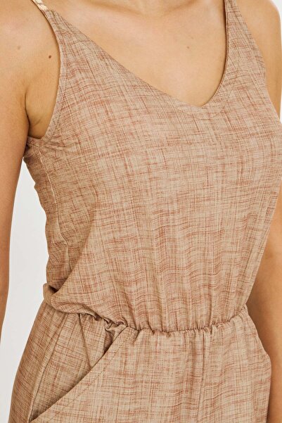 armonika Women's Beige Front Back V Strap Jumpsuit with Elastic Waist and Pockets Arm-25Y001035