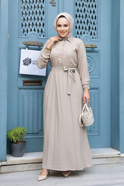 N.S NEVA STYLE Φόρεμα Μπεζ Καμιζόλα με Ζώνη 7238BEJ