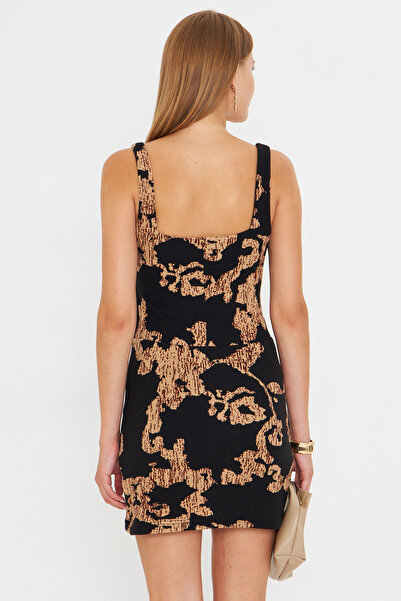 armonika Kadın Siyah-Bej Kare Yaka Vücuda Oturan Şortlu Mini Elbise ARM-25Y001095