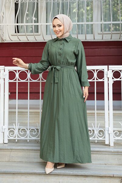 N.S NEVA STYLE Ζώνη Χακί Φόρεμα Hijab 7238HK