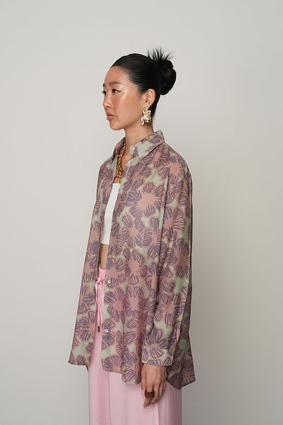 Orfeo Negro Women's Mint Color Flower Patterned Oversize Cut Shirt