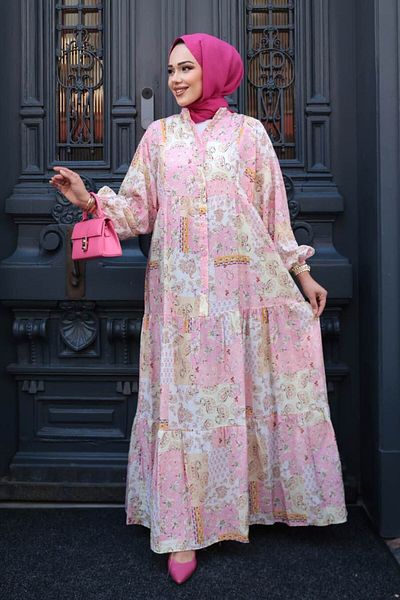N.S NEVA STYLE Patterned Powder Hijab Dress 710503Pd