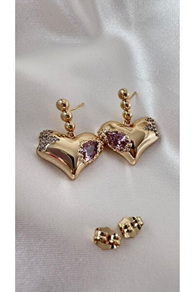 XUPİNG TAŞLI PEMBE TAŞ DETAY KALP GOLD KÜPE (3 CM)