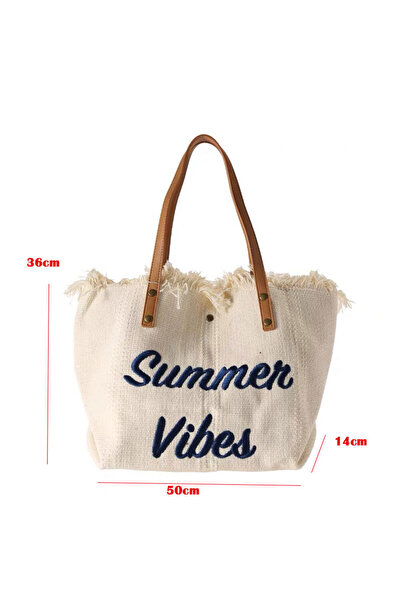 Leexo Canvas beach bag with Summer Vibes print, 36x50x14 cm, White