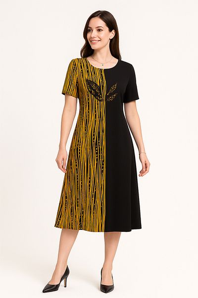 dorbe women’s black yellow contrast panel short-sleeved modest work & party outfit midi a-line dress