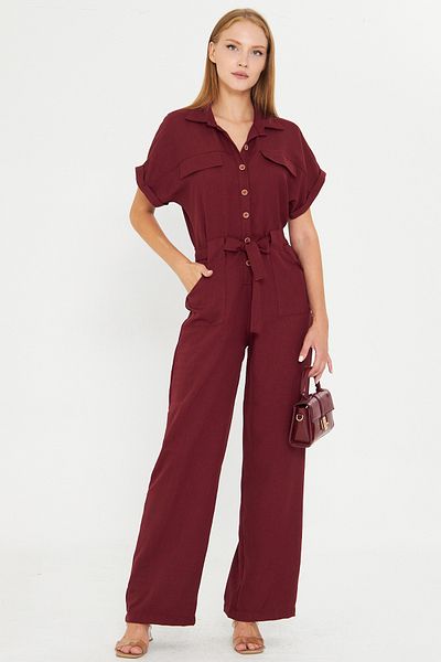 armonika Women's Light Burgundy Front Buttoned Waist Belted Pocket Bat Sleeve Palazzo Jumpsuit Arm-24Y001105
