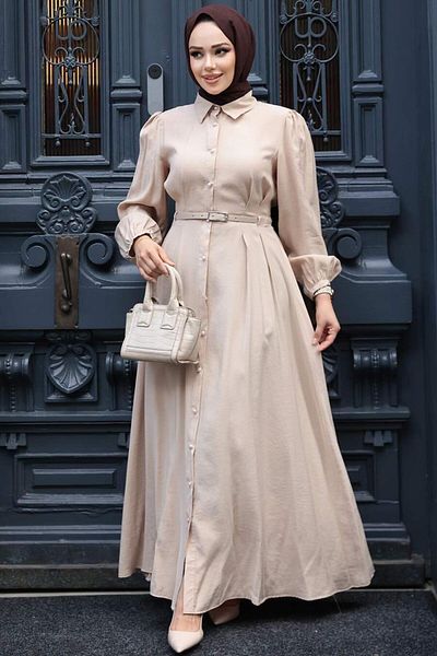 N.S NEVA STYLE Rochie Hijab Bej cu nasturi 19044BEJ