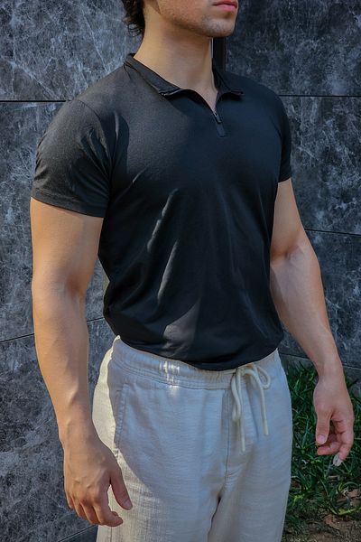 Liber Basic Black Men's Half Zipper Sports Fit Polo T-Shirt