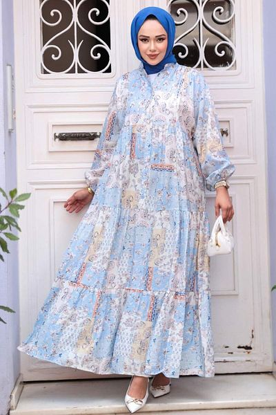 N.S NEVA STYLE Patterned Baby Blue Hijab Dress 710503Bm
