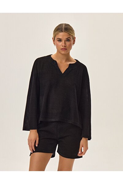 ESOTIQ Women's Pajama Set Longsleeve T-Shirt with Wide Sleeves & Shorts Waffle Structure | Jessy