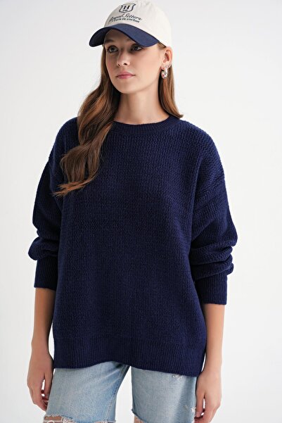Mixray 6949 Women's Crew Neck Thin Knitted Sweater Navy Blue