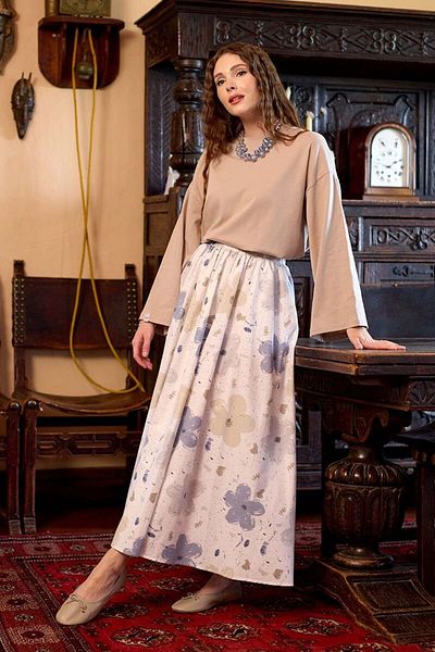 Ceylan Otantik Stone Body & Soft Indigo Floral Patterned Balloon Skirt Set