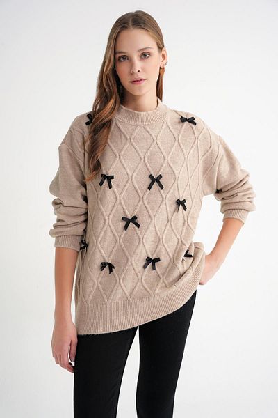 Mixray 6946 Women's Oversize Crew Neck Ribbon Knitwear Sweater Beige
