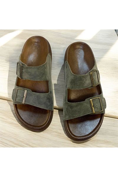 KAFKASLAR AYAKKABI Orthopedic Two-Buckle Men's Khaki Slippers
