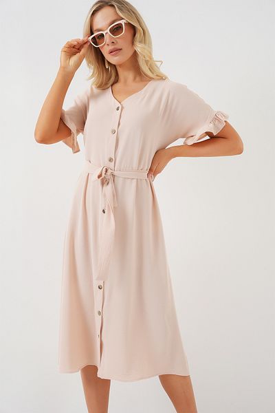 Merterium Women's Short Sleeve Buttoned Dress Cream 1175