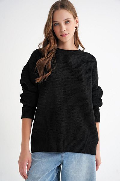 Mixray 6949 Women's Crew Neck Slim Knitted Sweater Black