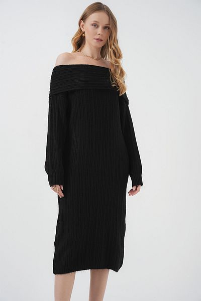Merterium Women's Madonna Collar Oversize Knitwear Dress Black 1170