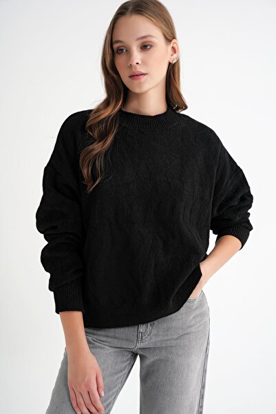 Mixray 6947 Women's Self Patterned Oversize Knitwear Sweater Black