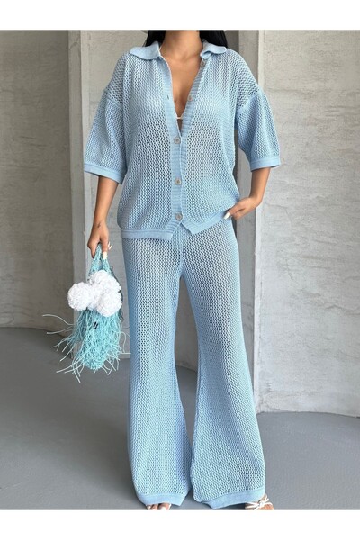 erki triko Openwork Shirt Collar Pareo Bottom-Top Knitwear Set