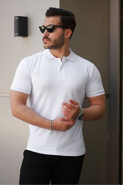 COMBİNE MİCHAİL Men's Basic Short Sleeve White Polo Neck T-Shirt