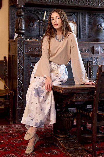 Ceylan Otantik Stone Body & Soft Indigo Floral Patterned Balloon Skirt Set