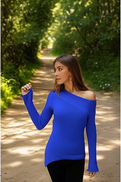 FLEX FASHION SEZON NOU DETALIE DE UMĂR ASIMETRIC TENDINȚĂ TRICO BADİ BLUE