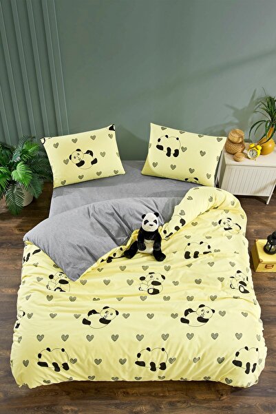 Valezium Yellow-Anthracite Panda Single Duvet Cover Set (160X220 Duvet Cover & 1 Pillow Cover)