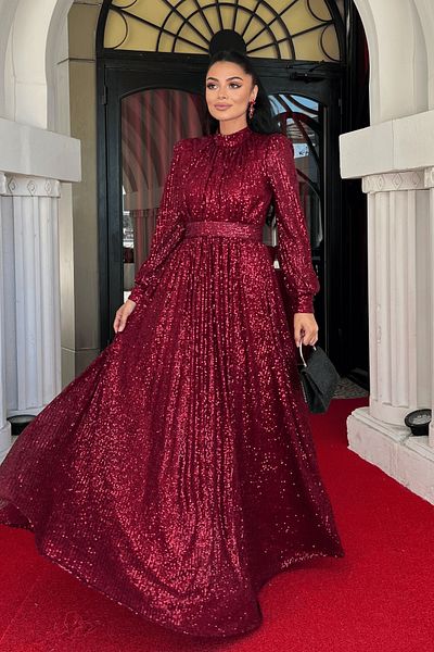 giyimmasalı Sequin Tulle Sequin Fabric Gathered Detailed Kilos Dress - Bordo