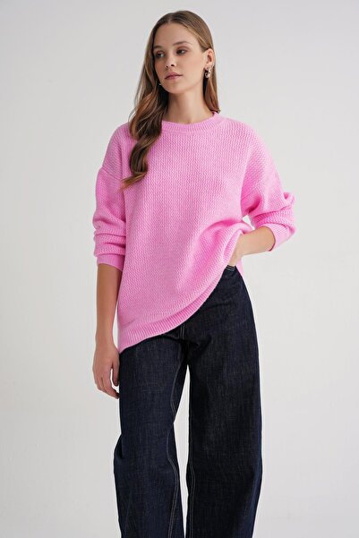 Mixray 6949 Women's Crew Neck Thin Knitted Sweater Pink