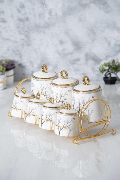 RUBİ PORSELEN Porcelain 8 Piece Spice Set – Metal Stand with Gold Detail