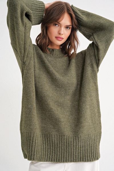 Mixray 6925 Women's Wide Sleeve Soft Textured Knitwear Sweater Khaki