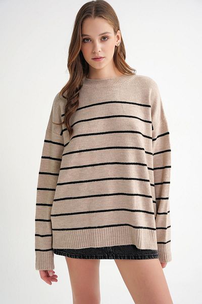 Mixray 6944 Women's Loose Soft Textured Striped Knitwear Sweater Beige