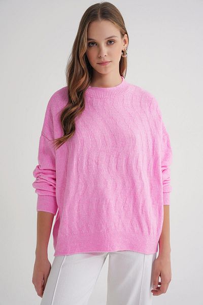 Mixray 6947 Women's Self Patterned Oversize Knitwear Sweater Pink