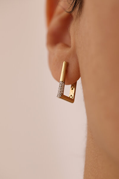 YAVUZ KUYUMCULUK 14 Ayar Altın Taşlı Dikdörtgen Küpe