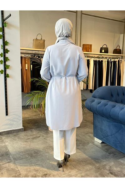 Zühre Women's Hidden Button Detailed Waist Tie Gray Tunic T-1590