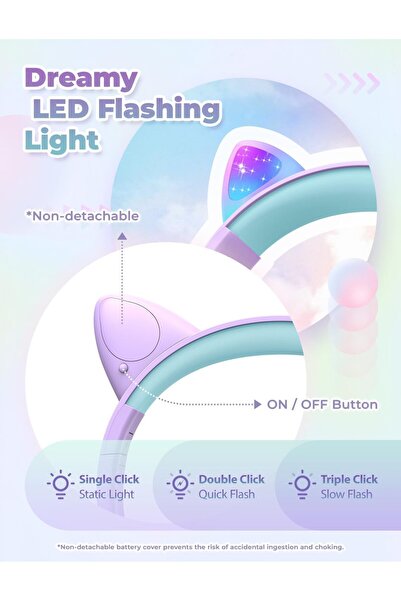 iClever Kids Headphones with Cat Ear Led Light Up, Safe Volume Limited Kids Wired Headphones with Fu