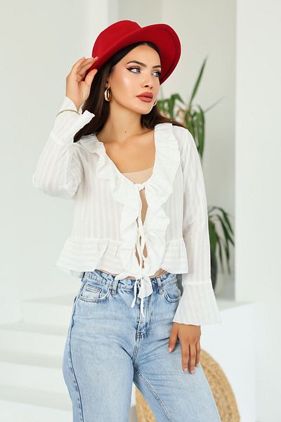 Kübra Tekstil Women's White Regular Fit Tie-Up Crinkle Textured Ruffled Long Sleeve Blouse , Women's Tie-Up Front Bl