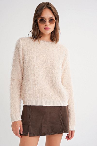 Mixray 6918 Women's Long Bearded Knitwear Sweater Natural