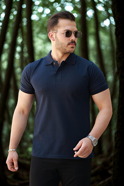 COMBİNE MİCHAİL Men's Basic Short Sleeve Navy Polo Neck T-Shirt