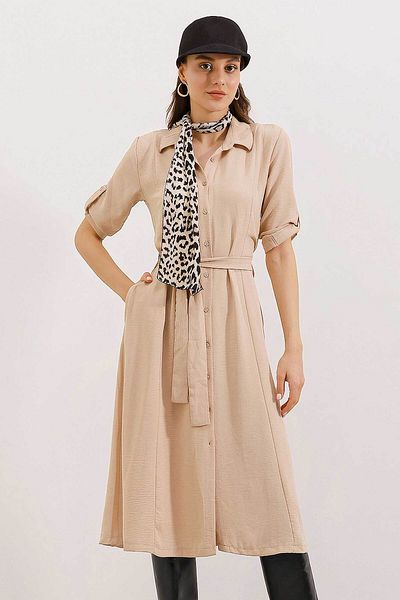 Merterium Women's Belted Shirt Dress Beige 1172