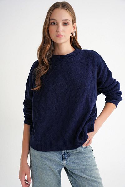 Mixray 6947 Women's Self Patterned Oversize Knitwear Sweater Navy Blue